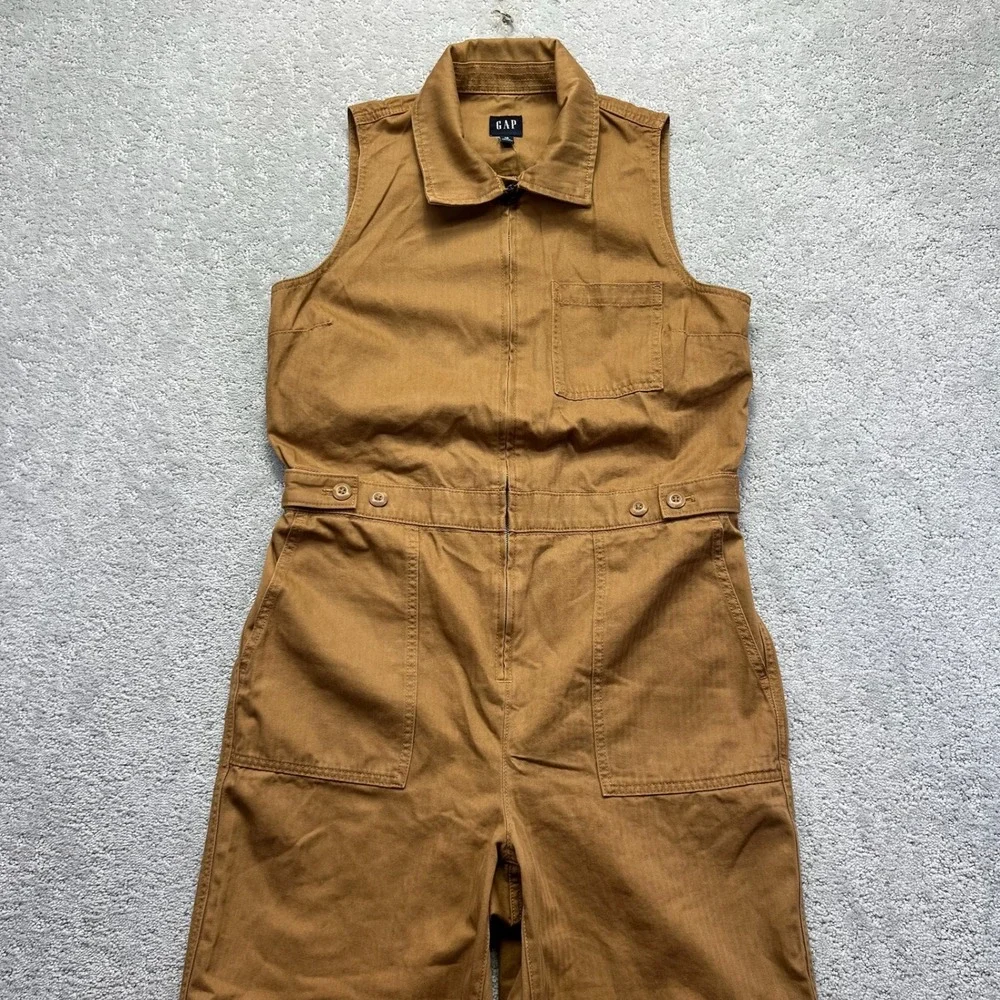GAP Sleeveless Jumpsuit Womens Size 10 Deep Camel Herringbone Zip Utility NWT - Picture 1 of 14